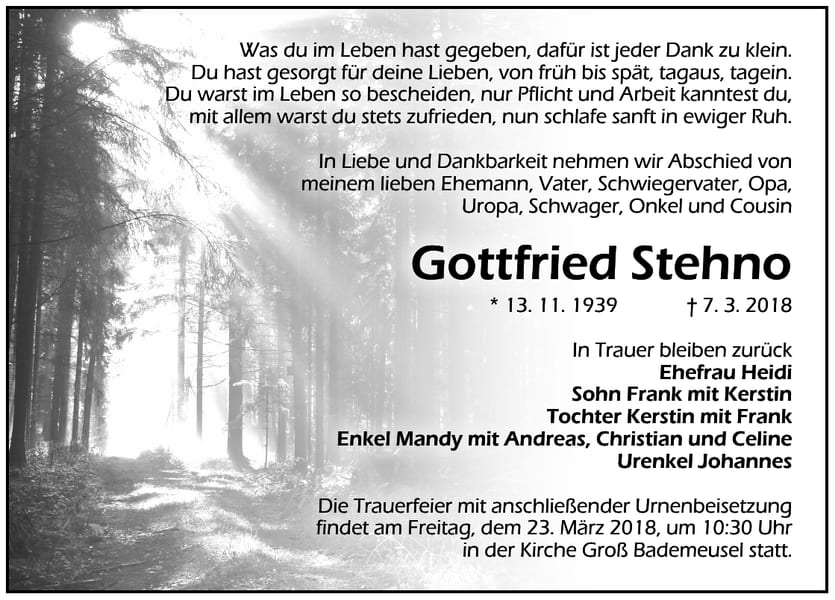 Traueranzeige Gottfried Stehno