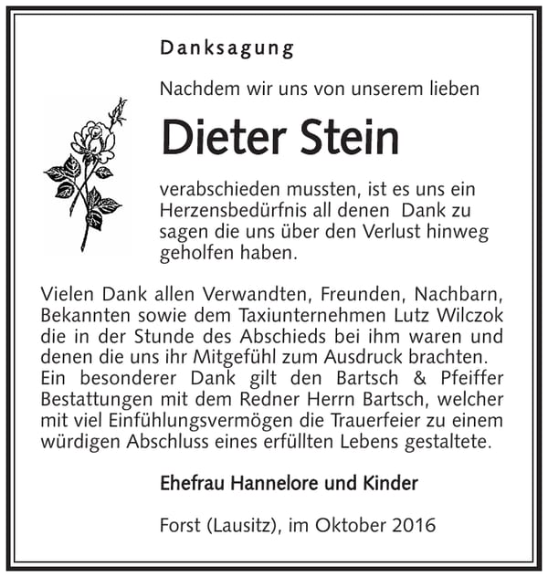 Danksagung Dieter Stein