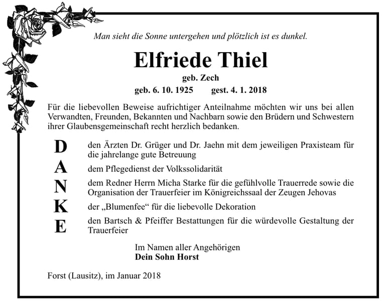 Danksagung Elfriede Thiel, geb. Zech