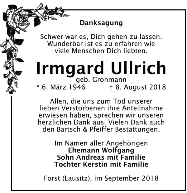 Danksagung Irmgard Ullrich, geb. Grohmann