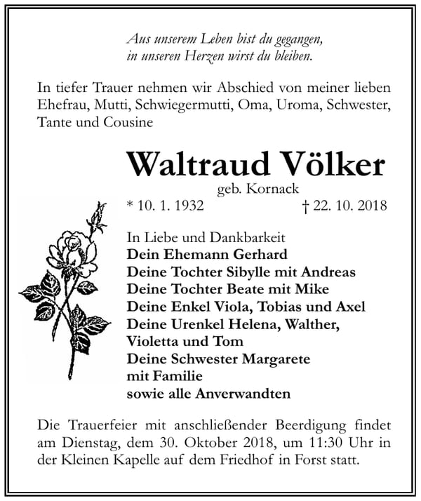 Traueranzeige Waltraud Völker, geb. Kornack