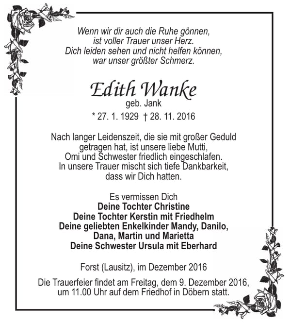 Traueranzeige Edith Wanke, geb. Jank