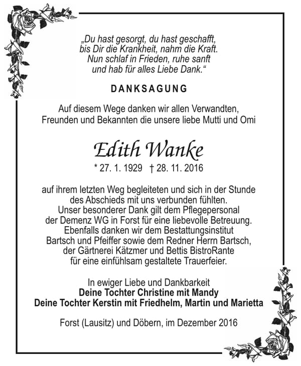Danksagung Edith Wanke