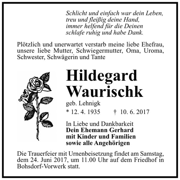 Traueranzeige Hildegard Waurischk, geb. Lehnigk