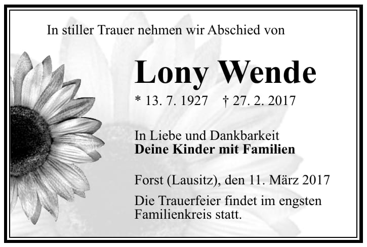 Traueranzeige Lony Wende