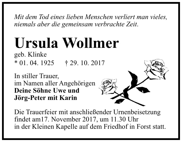 Traueranzeige Ursula Wollmer, geb. Klinke