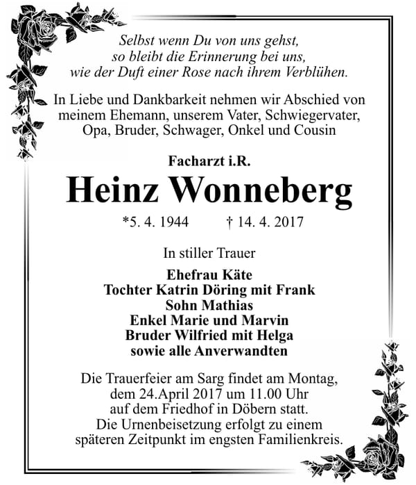 Traueranzeige Heinz Wonneberg