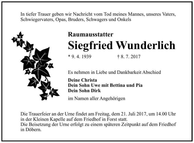 Traueranzeige Siegfried Wunderlich