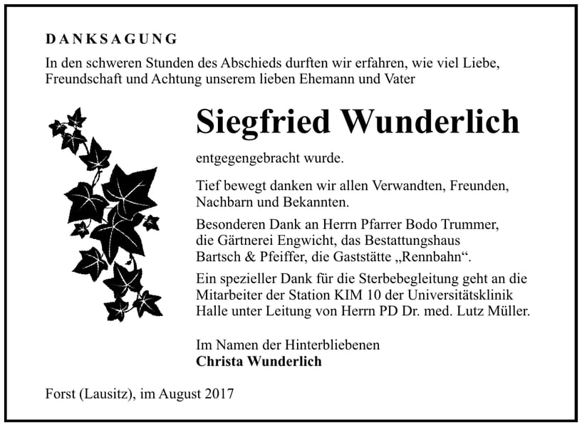 Danksagung Siegfried Wunderlich