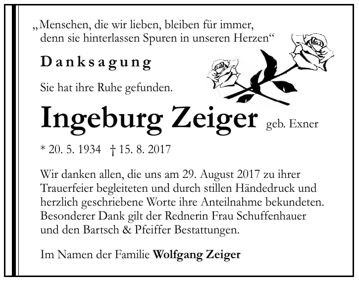 Danksagung Ingeburg Zeiger, geb. Exner