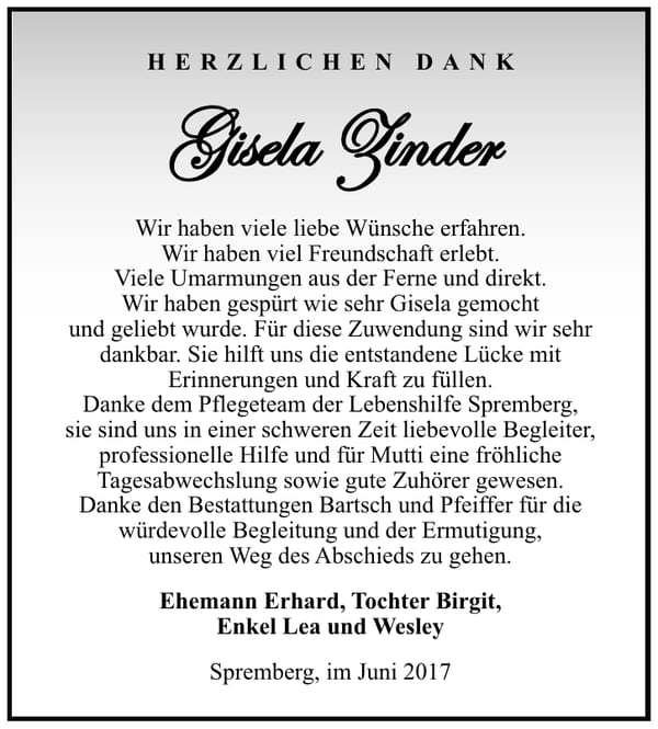 Danksagung Gisela Zinder