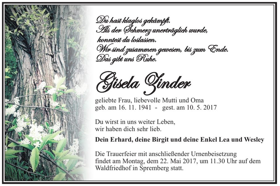 Traueranzeige Gisela Zinder