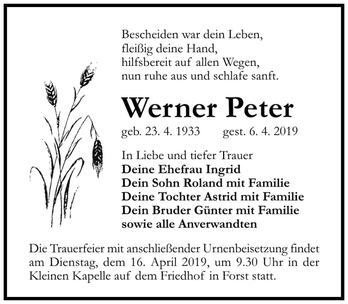 Traueranzeige Werner Peter