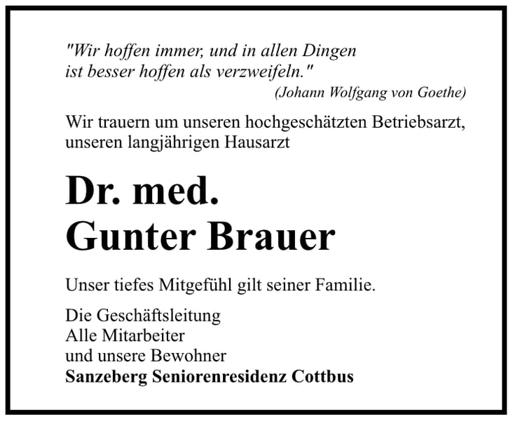 Traueranzeige Dr. med. Gunter Brauer