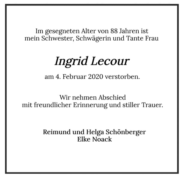 Traueranzeige Ingrid Lecour