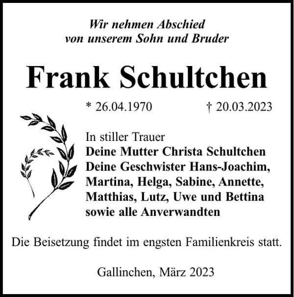 Traueranzeige Frank Schultchen