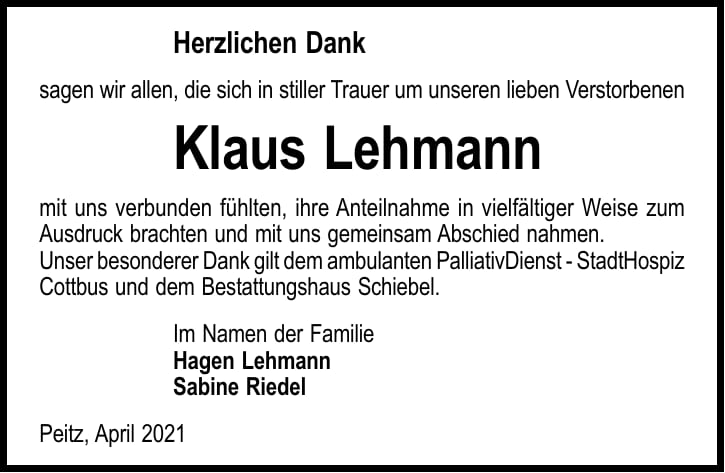 Traueranzeige Klaus Lehmann