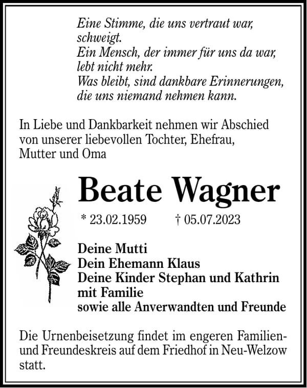 Traueranzeige Beate Wagner