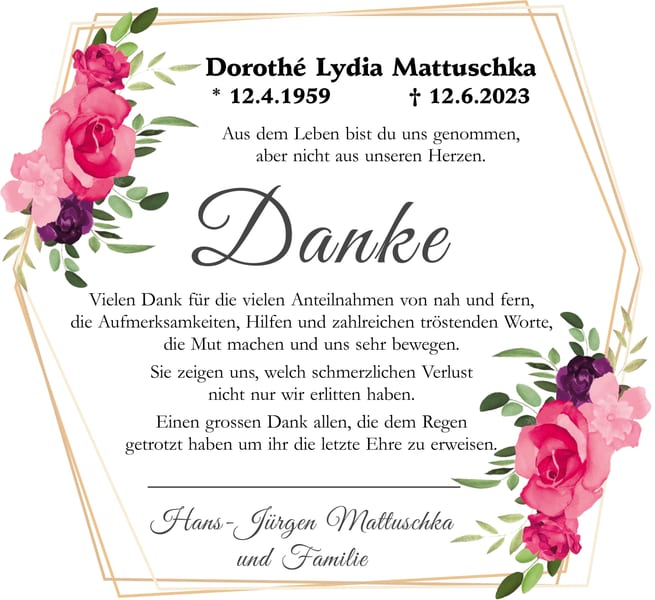 Danksagung Dorothé Lydia Mattuschka
