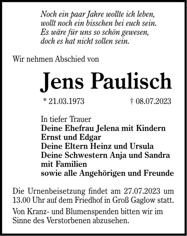 Traueranzeige Jens Paulisch