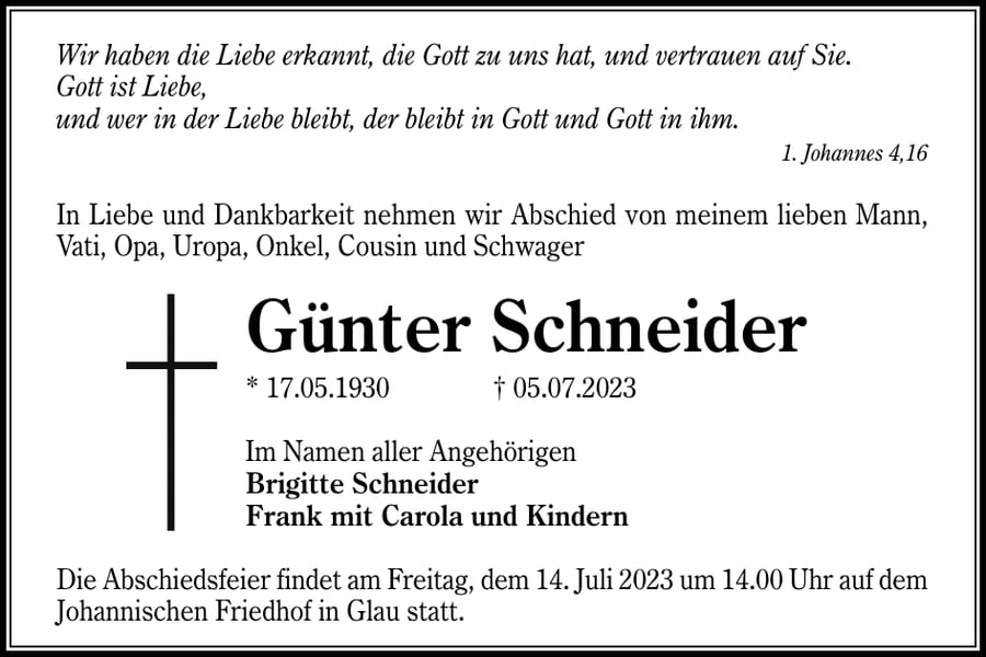 Traueranzeige Günter Schneider