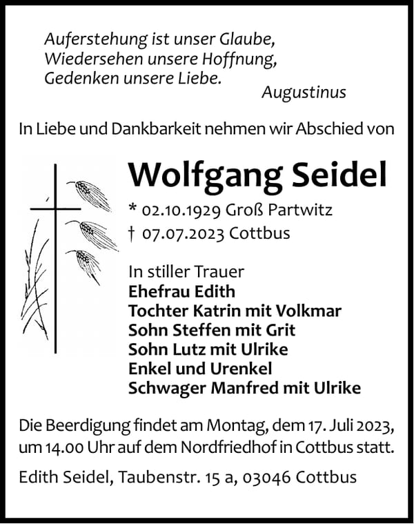 Traueranzeige Wolfgang Seidel
