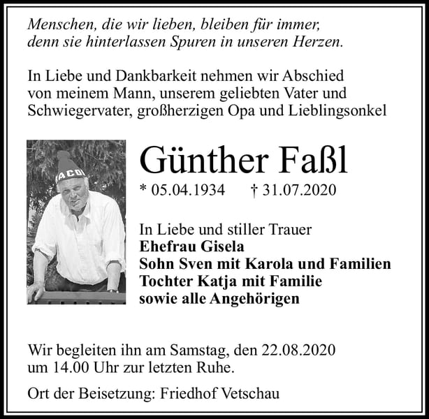 Traueranzeige Günther Faßl