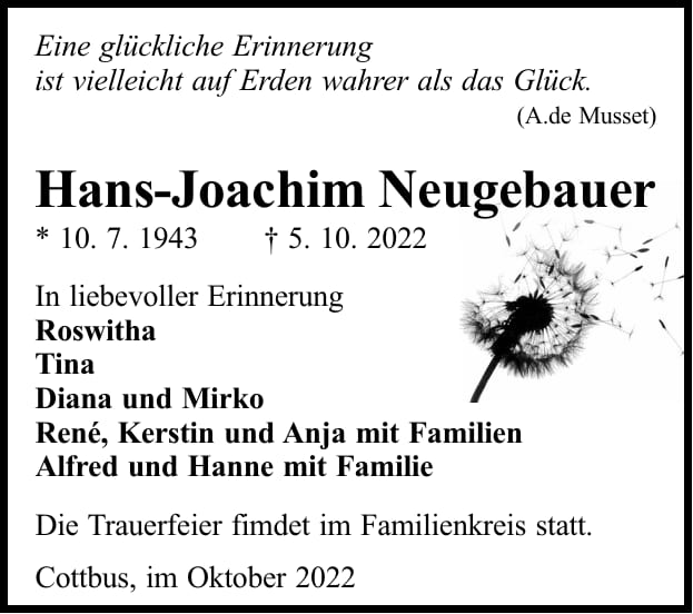 Traueranzeige Hans-Joachim Neugebauer