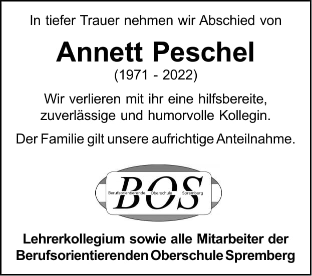 Nachruf Annett Peschel