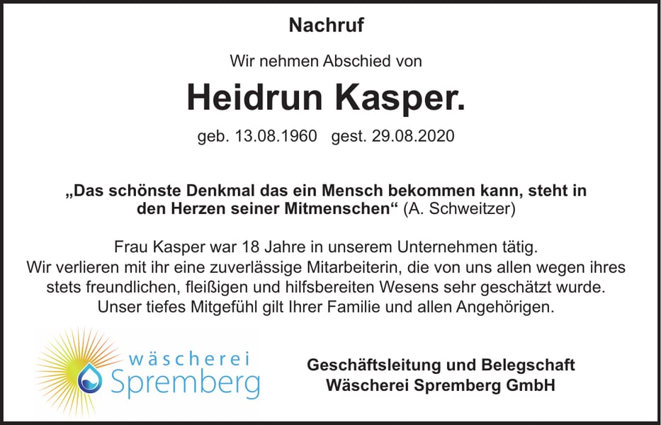 Traueranzeige Heidrun Kasper