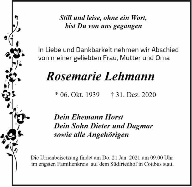 Traueranzeige Rosemarie Lehmann