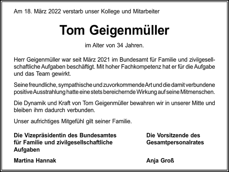 Nachruf Tom Geigenmüller