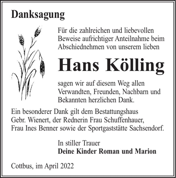 Danksagung Hans Kölling
