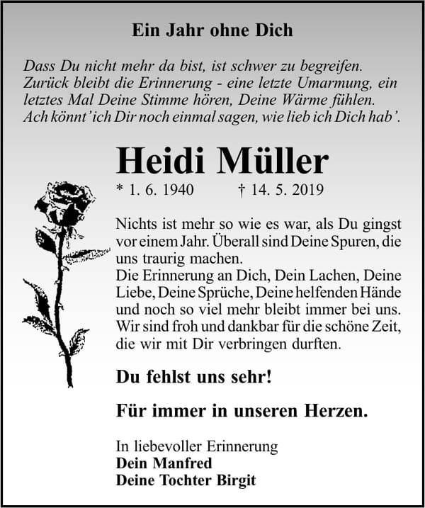 Traueranzeige Heidi Müller