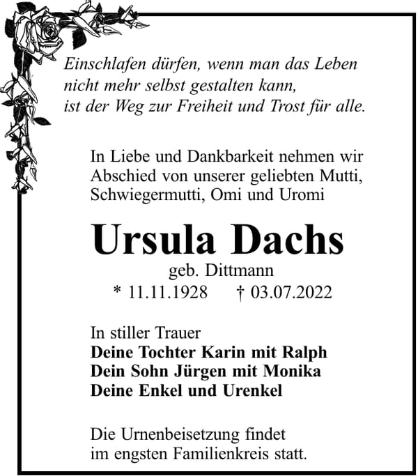 Traueranzeige Ursula Dachs, geb. Dittmann
