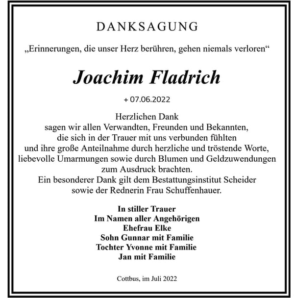 Traueranzeige Joachim Fladrich