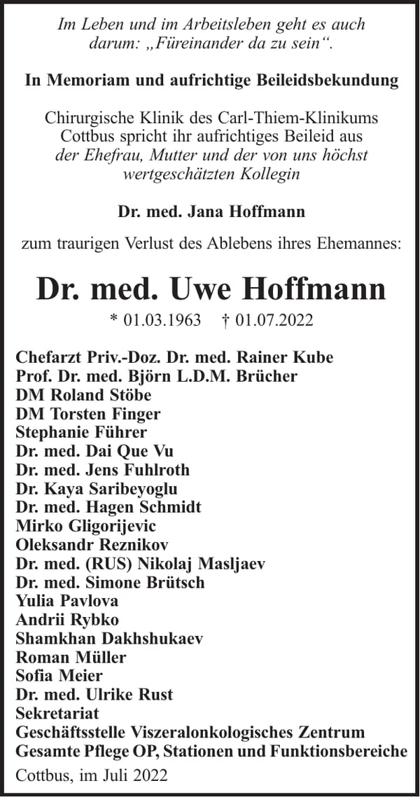 Traueranzeige Dr. med. Uwe Hoffmann