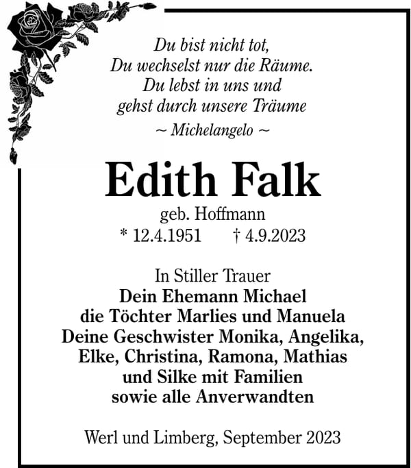 Traueranzeige Edith Falk, geb. Hoffmann