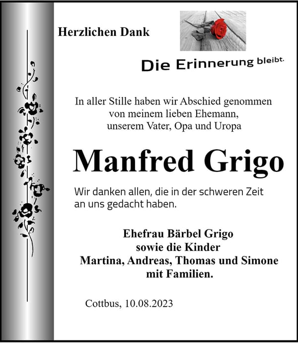 Traueranzeige Manfred Grigo