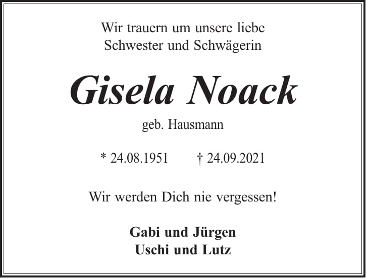Traueranzeige Gisela Noack, geb. Hausmann