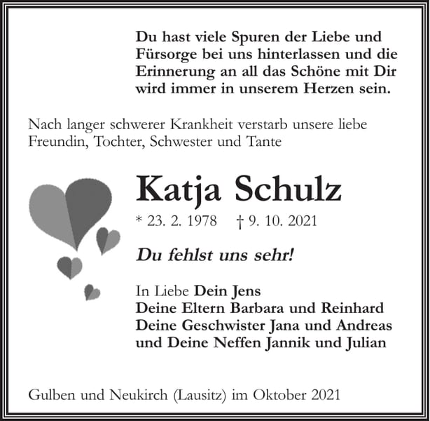 Traueranzeige Katja Schulz