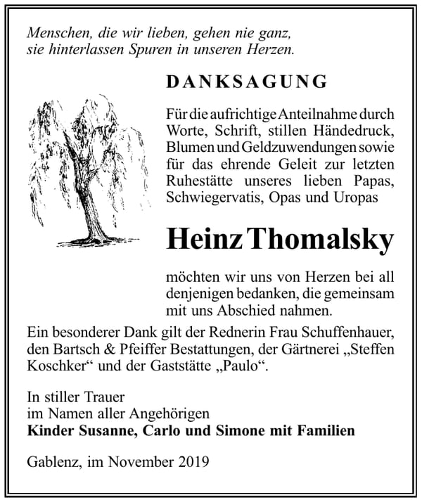 Danksagung Heinz Thomalsky