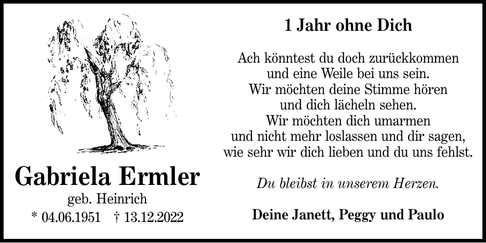 Jahresgedenken Gabriela Ermler, geb. Heinrich