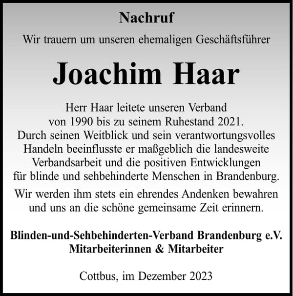 Nachruf Joachim Haar