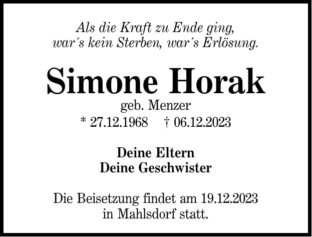 Traueranzeige Simone Horak, geb. Menzer