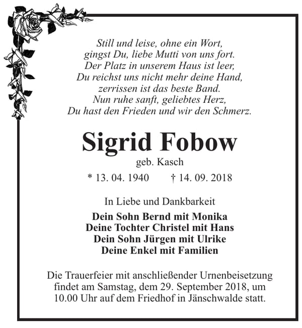 Traueranzeige Sigrid Fobow, geb. Kasch
