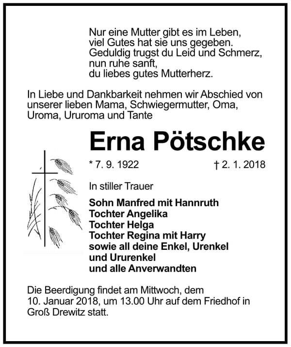 Traueranzeige Erna Pötschke