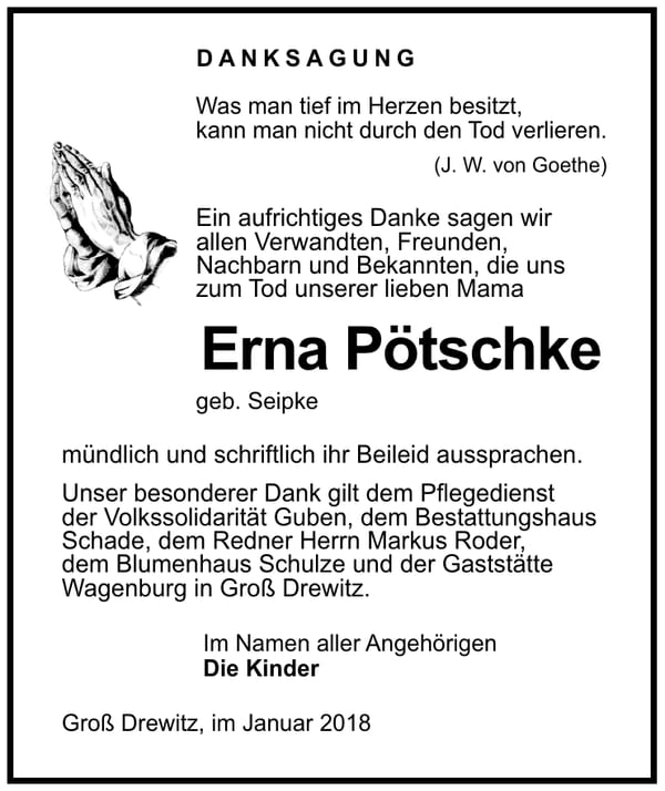 Danksagung Erna Pötschke, geb. Seipke