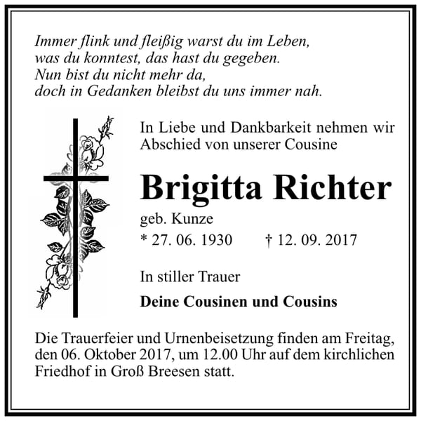 Traueranzeige Brigitta Richter, geb. Kunze