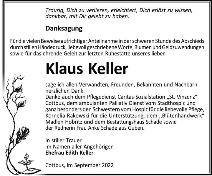 Danksagung Klaus Keller
